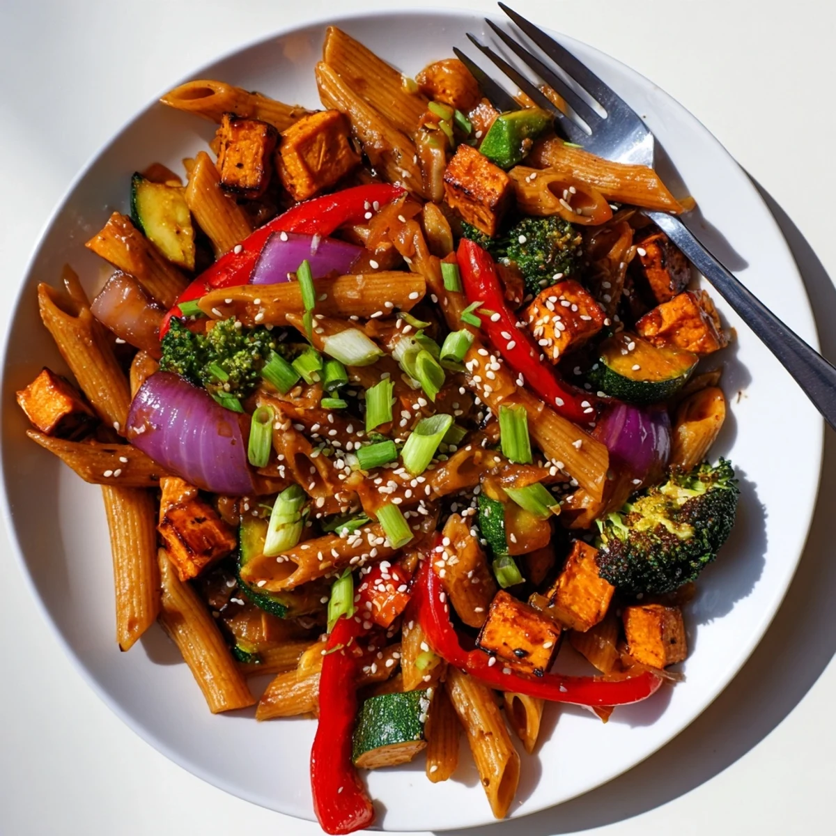 Miso Maple Roasted Veggie Pasta, showcasing vibrant veggies and a glossy glaze.