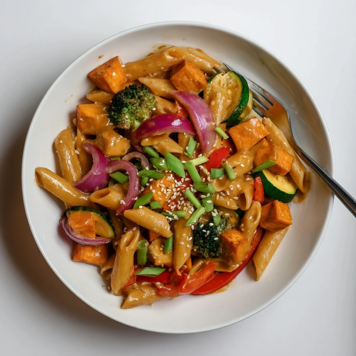 Savory Miso Maple Roasted Veggie Pasta combined with seasonal vegetables and tender pasta.