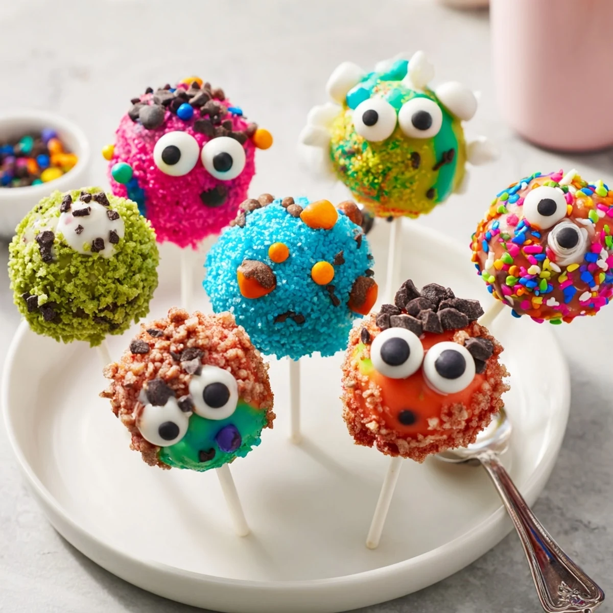 Fun and colorful Silly Monster Cake Pops, perfect for kids' birthday parties or treats.