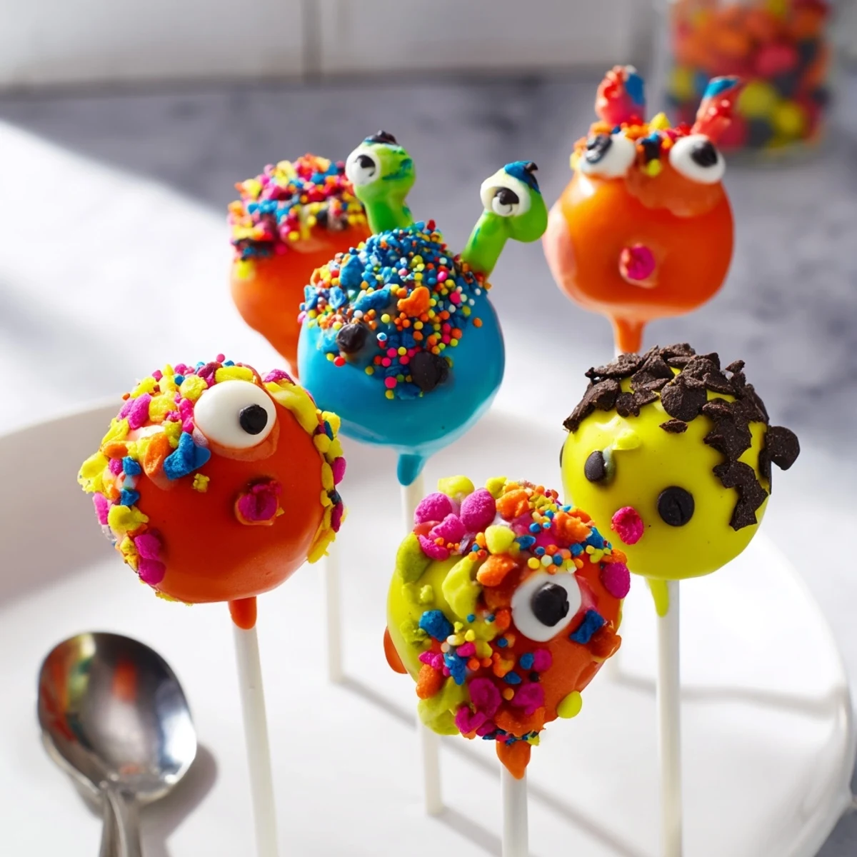Delightful Silly Monster Cake Pops featuring vibrant decorations for a playful dessert experience.