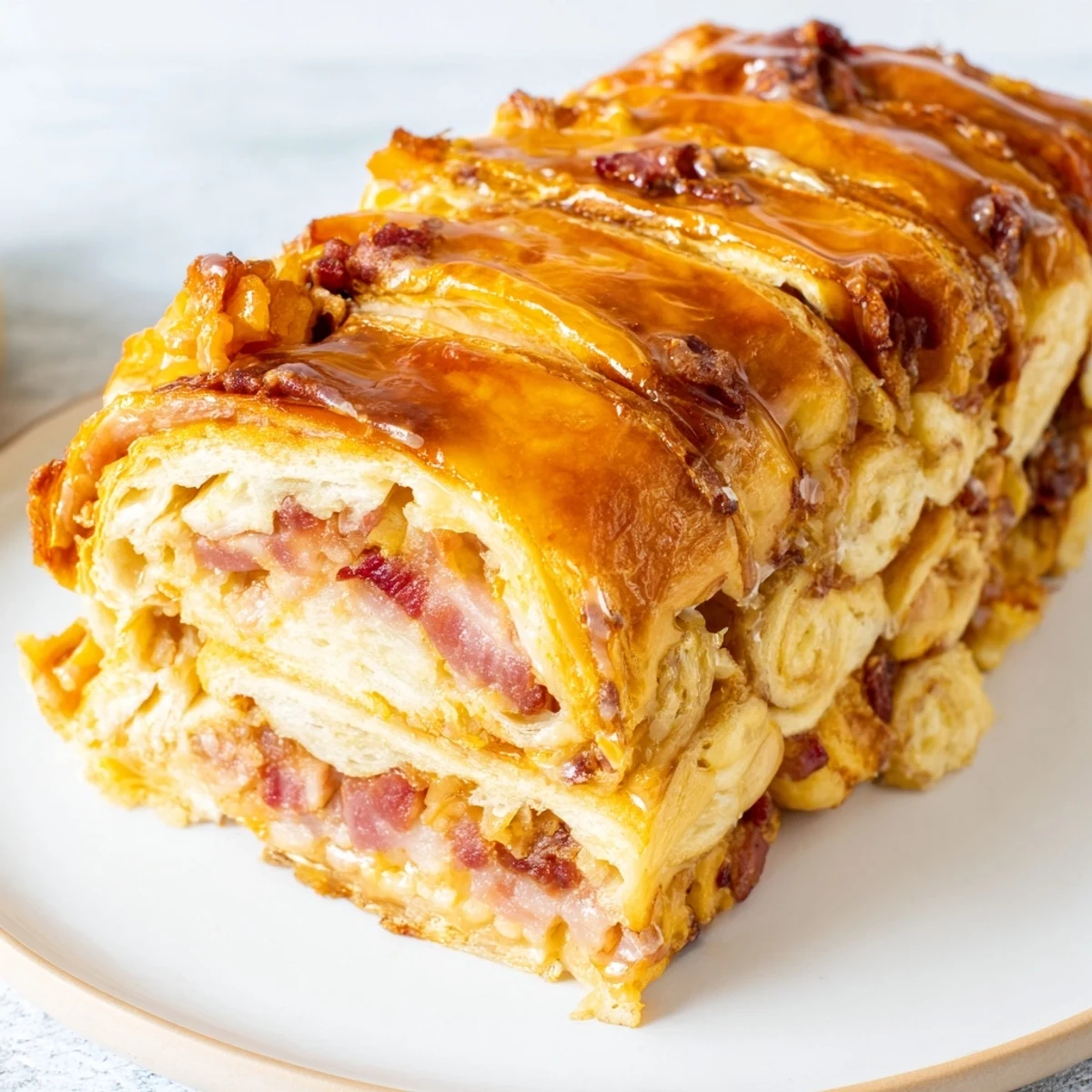 Flaky croissants and crisp bacon topped with maple syrup—a breakfast delight!