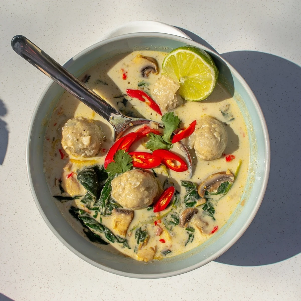 Fragrant Thai Coconut Meatball Soup Bowls filled with vibrant vegetables and tender meatballs.
