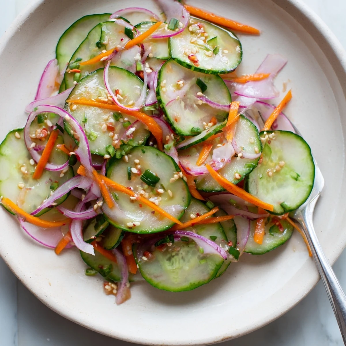 Savory cucumber salad remix featuring bright flavors, perfect as a light appetizer.