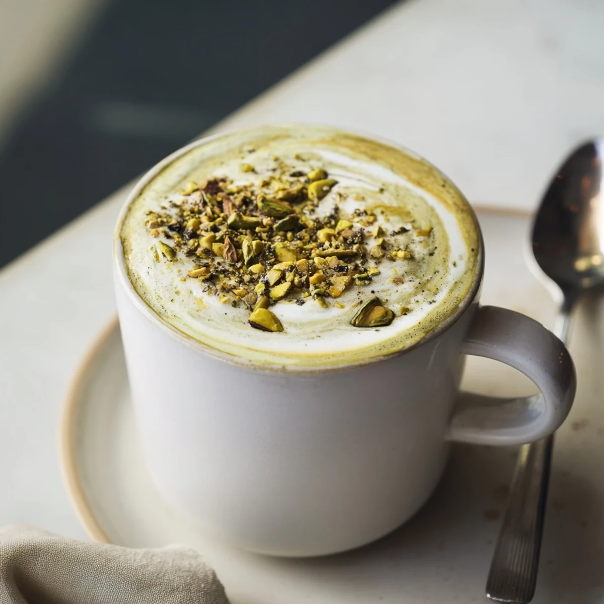 Creamy pistachio milk latte garnished with crushed nuts, perfect for coffee lovers.  