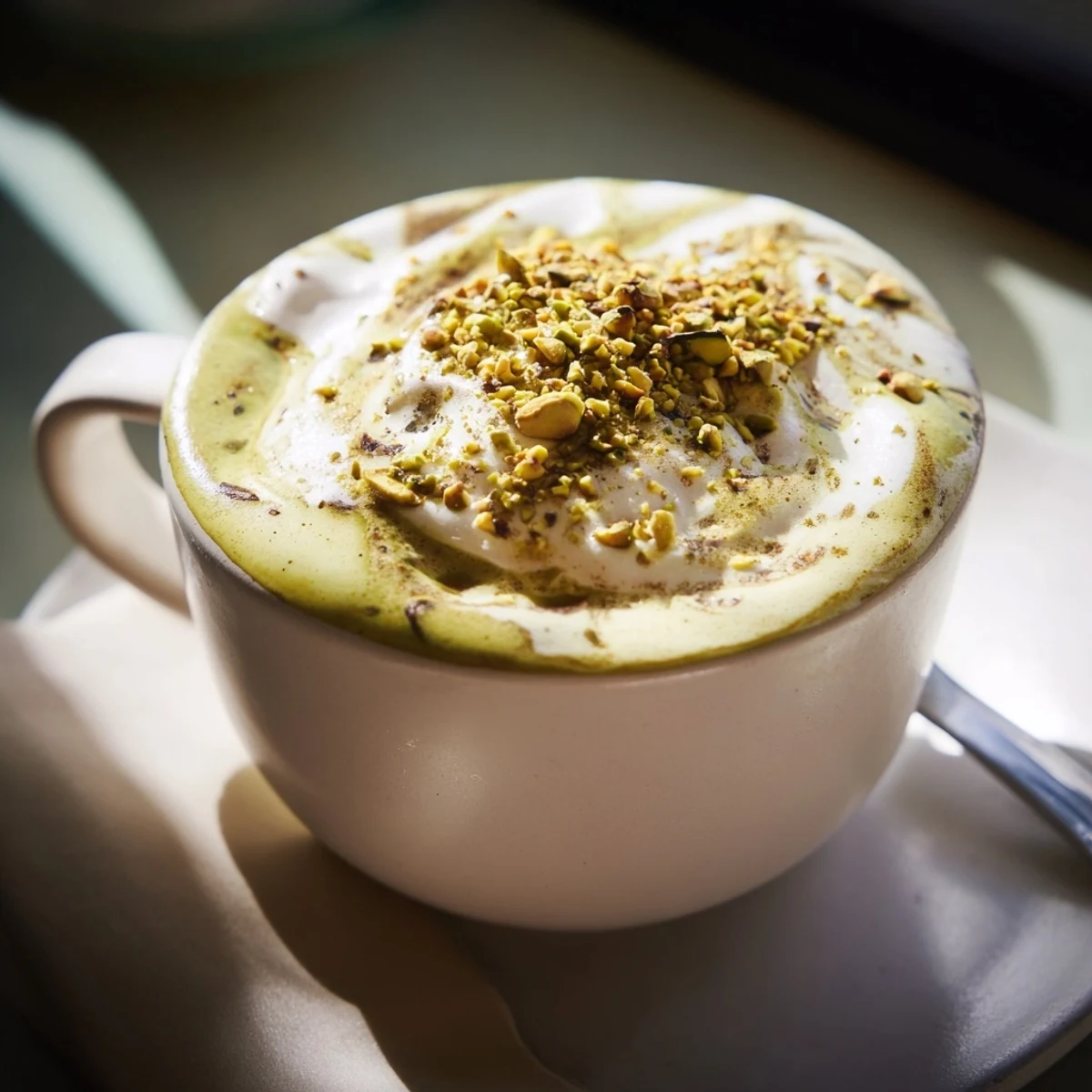 Homemade pistachio milk latte served warm, inviting aromas fill the kitchen.