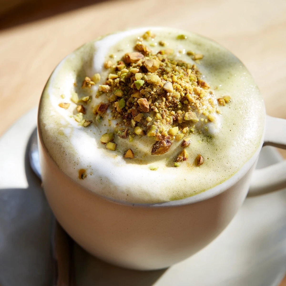 Delicious pistachio milk latte topped with frothy milk and a nutty twist.  