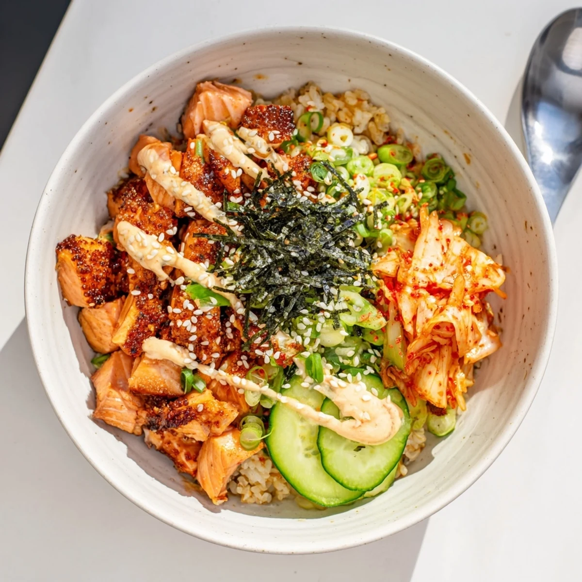 Crispy Salmon Rice Bowl topped with spicy mayo, fresh avocado, and kimchi.  