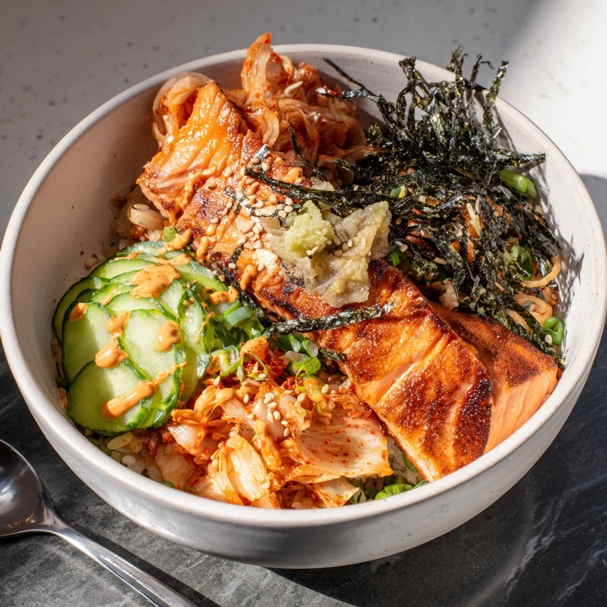 A delicious Crispy Salmon Rice Bowl with golden rice and vibrant toppings.  
