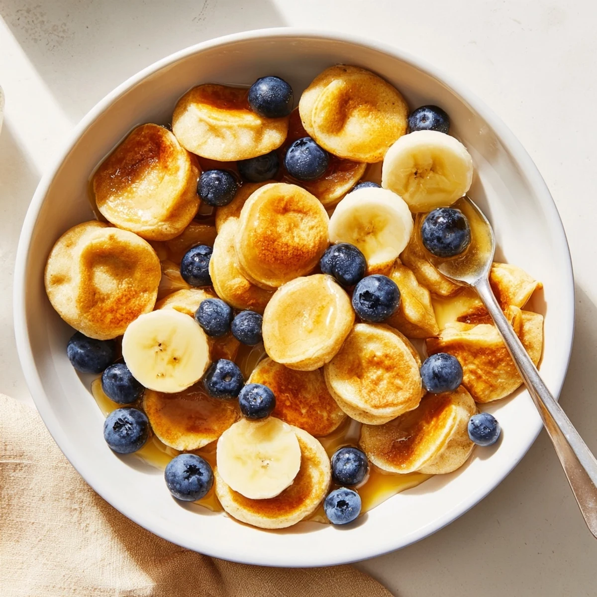 Delicious Mini Pancake Cereal topped with milk, perfect for a fun breakfast treat.