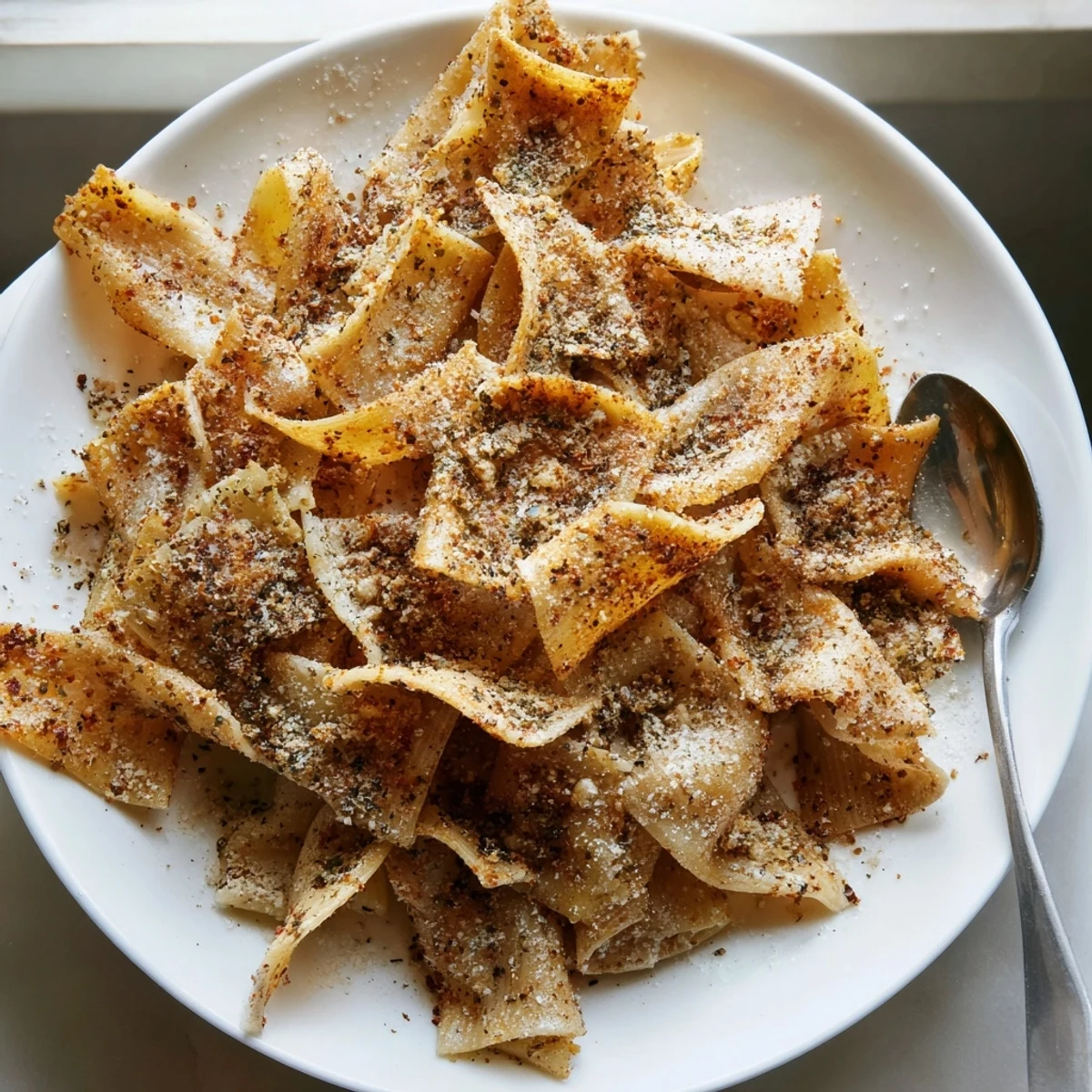 Crispy pasta chips seasoned variety, perfect for satisfying snack cravings with dips.  