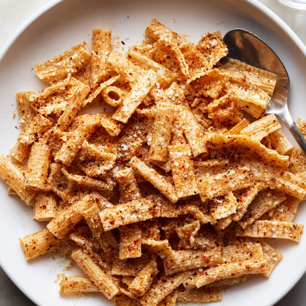 Baked pasta chips seasoned to perfection, delivering a crunchy and flavorful snack experience.  