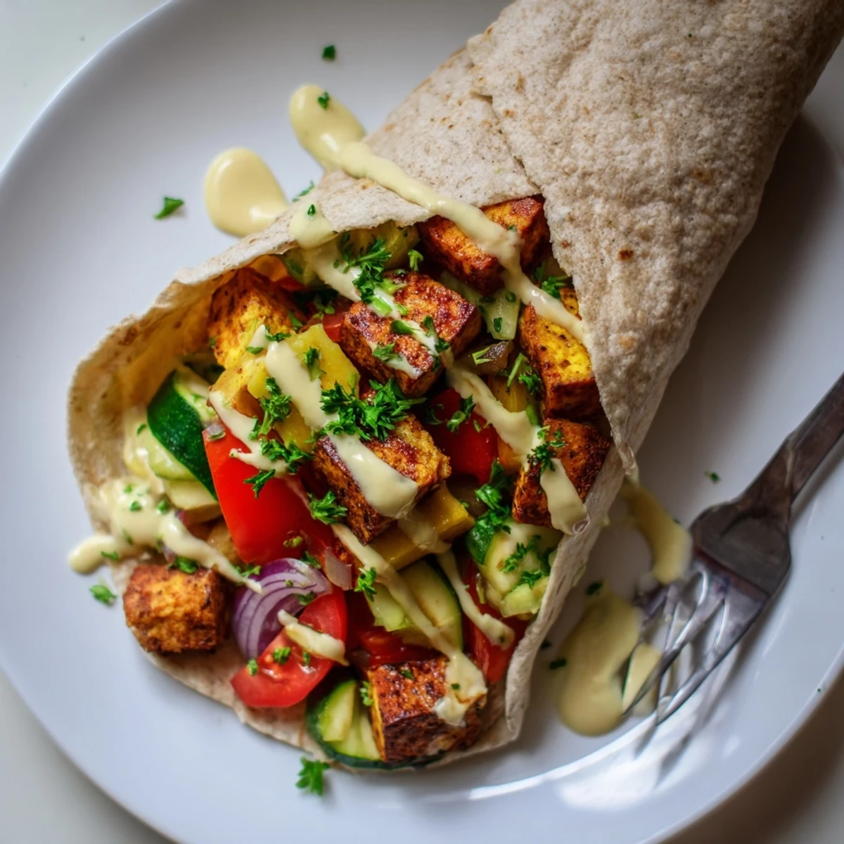 Delicious vegan viral recipe remake with golden tofu, colorful veggies, and creamy sauce.  