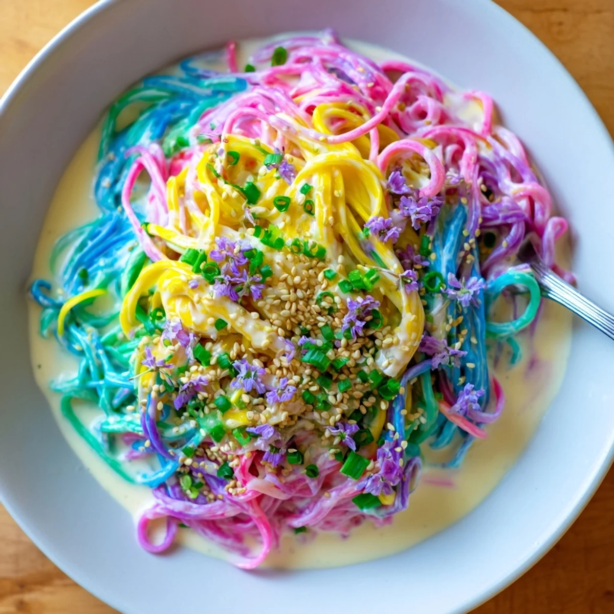 Vibrant Neon Noodle Cloud dish in creamy sauce, perfect for festive gatherings.  