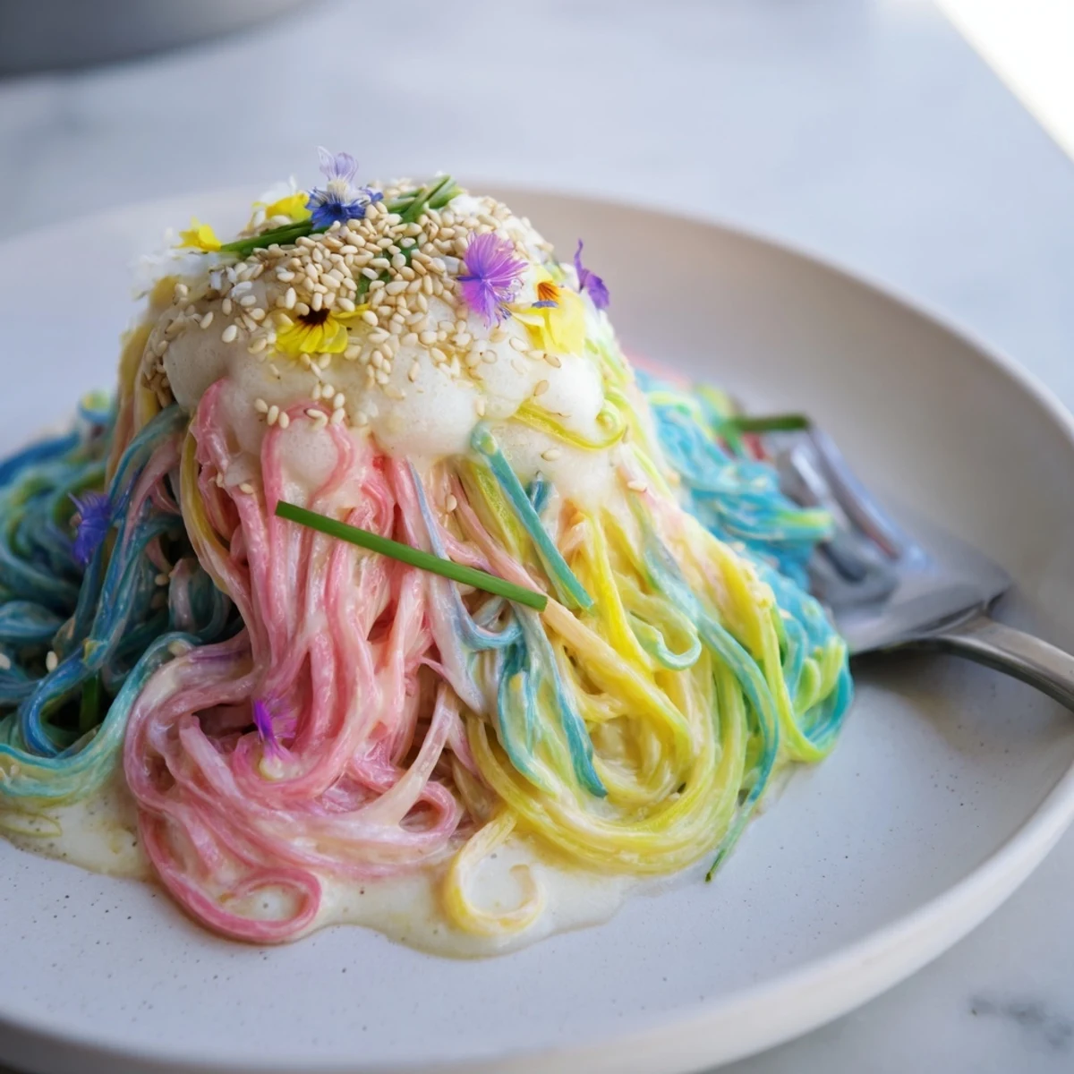 Whimsical Neon Noodle Cloud topped with scallions and edible flowers for extra flair.