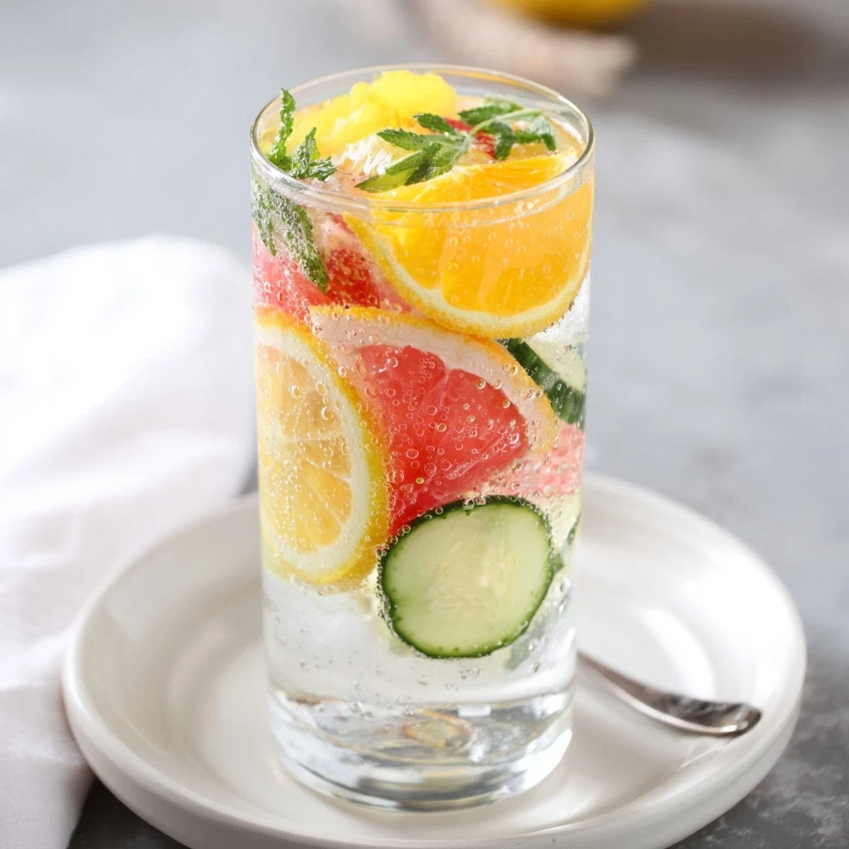 Colorful mix of fresh fruits and herbs in a hydrating mocktail pitcher.