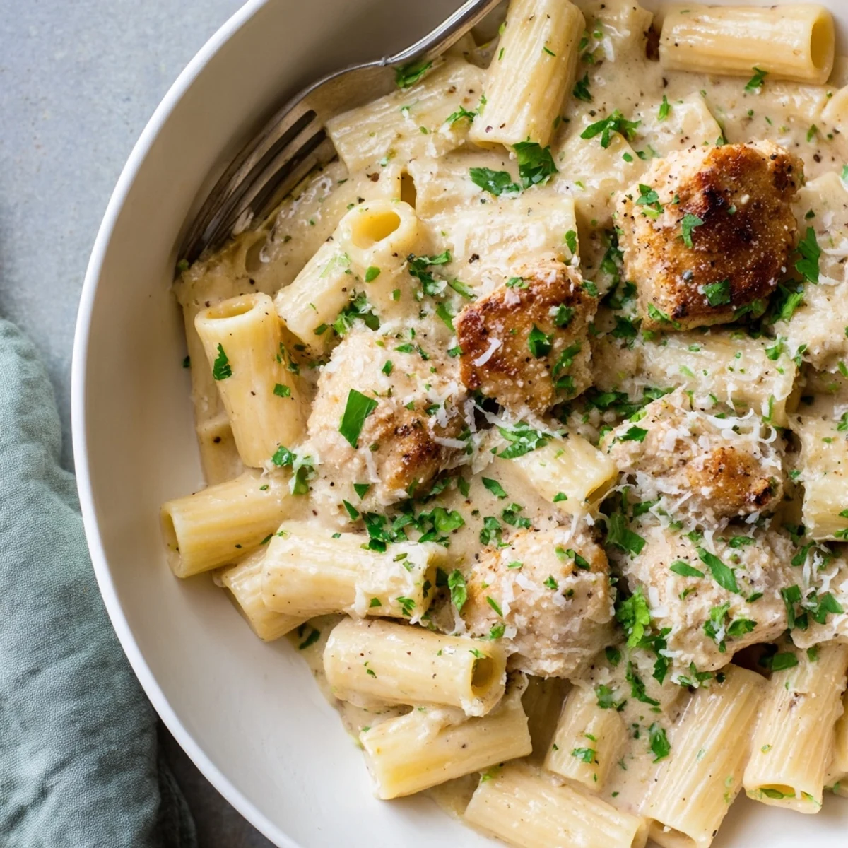 Bowl of Creamy Garlic Parmesan Chicken Rigatoni, rich sauce glistening on tender pasta.  