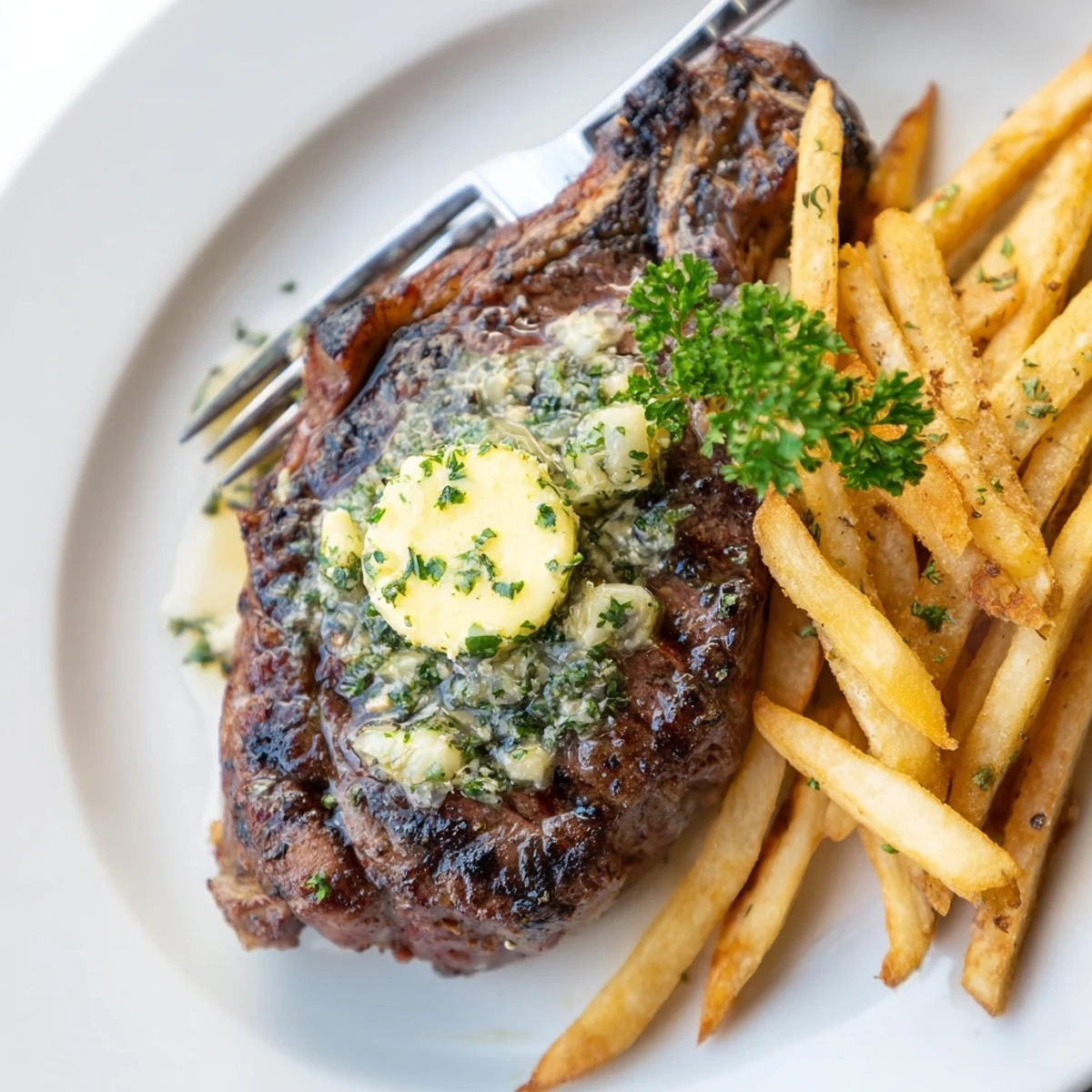 Savory garlic butter melts over juicy steaks, paired with delicious homemade fries.