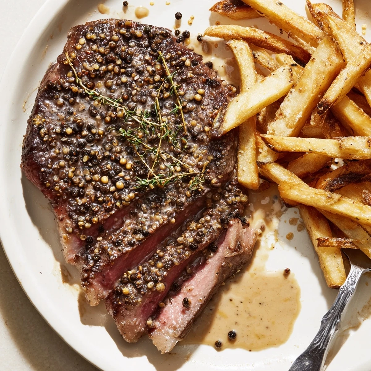 Juicy Classic Peppercorn Ribeye topped with rich sauce and crispy fries.  