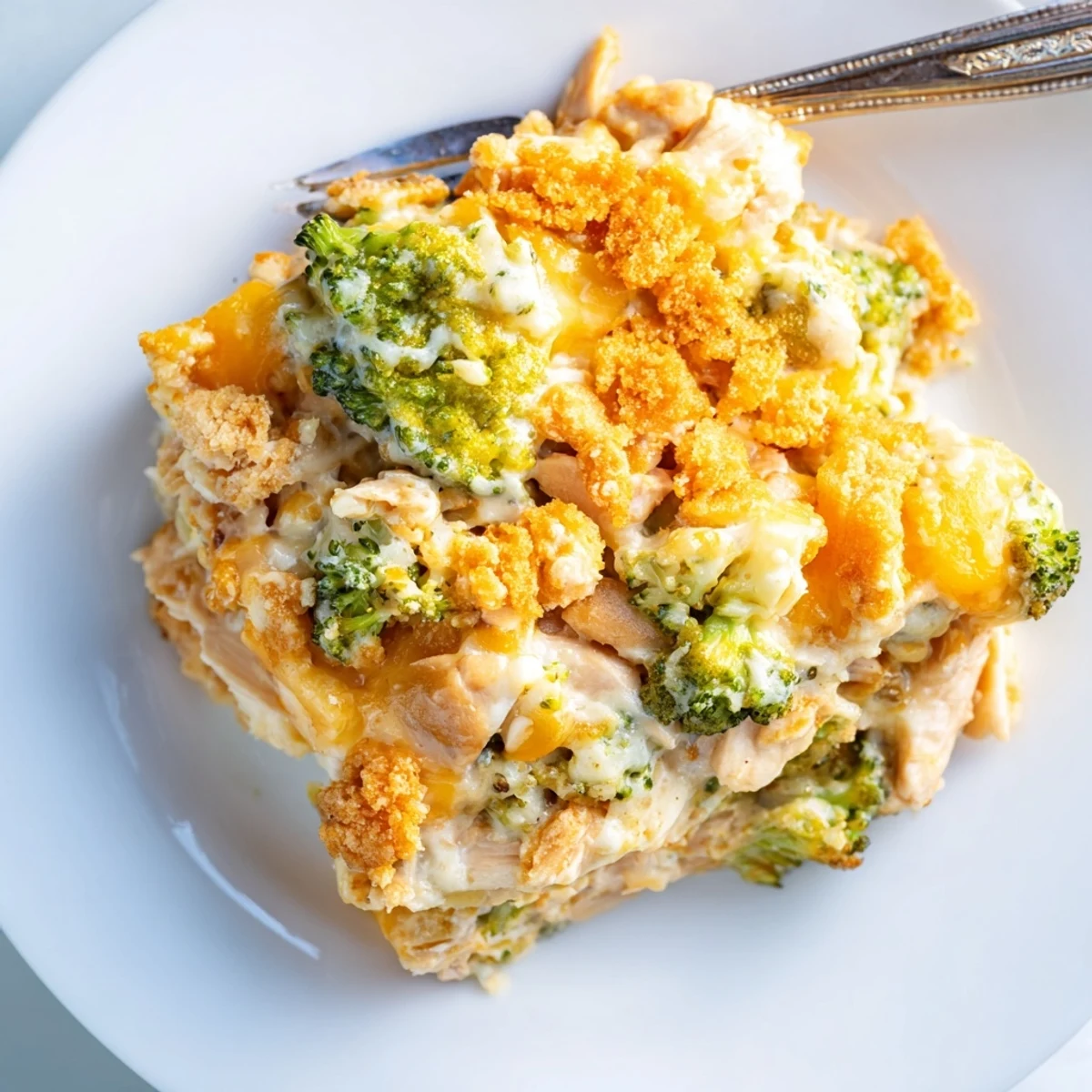 Creamy Chicken & Broccoli Cheddar Bake topped with golden breadcrumbs and melty cheese.  