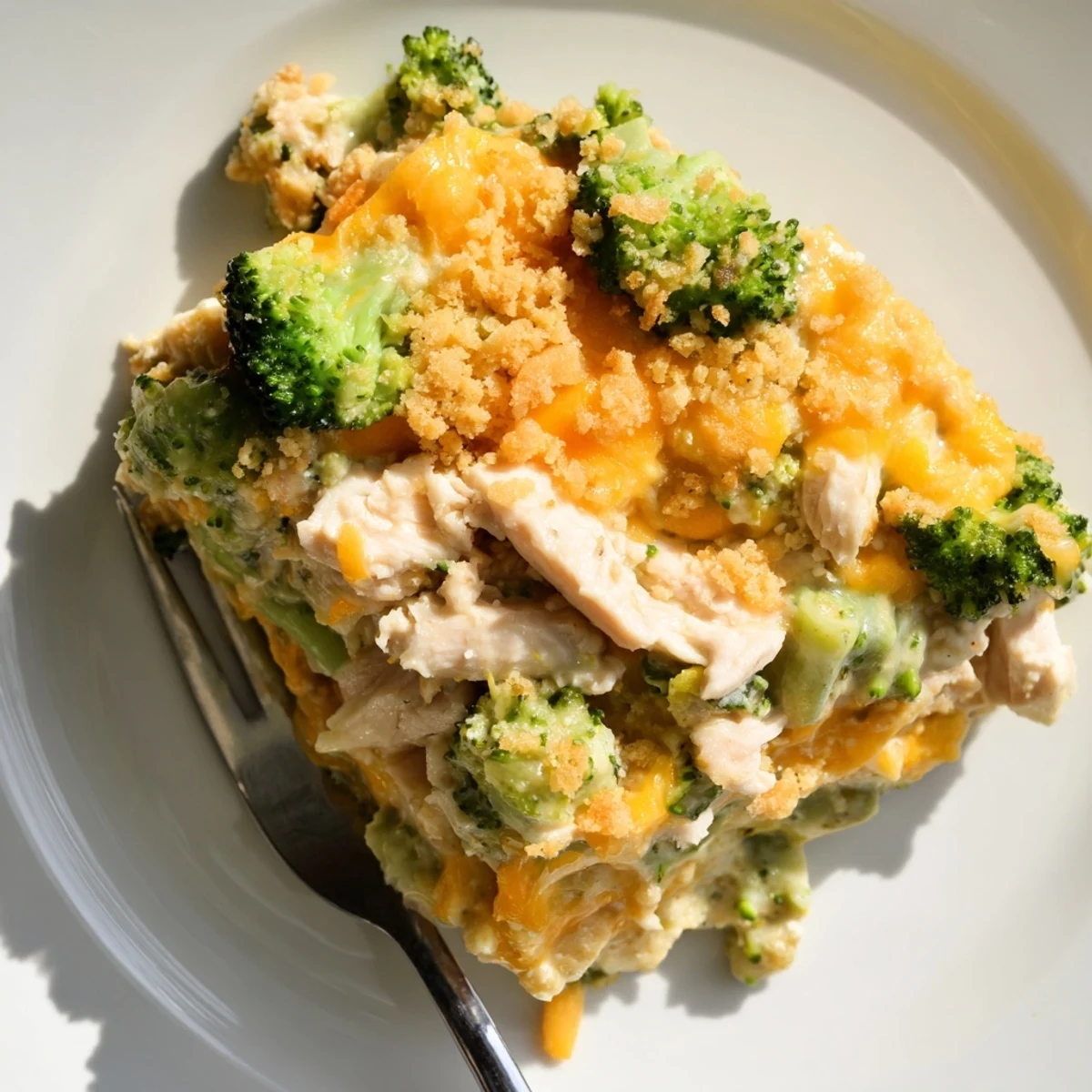 Savory Chicken & Broccoli Cheddar Bake features creamy sauce and vibrant broccoli florets.