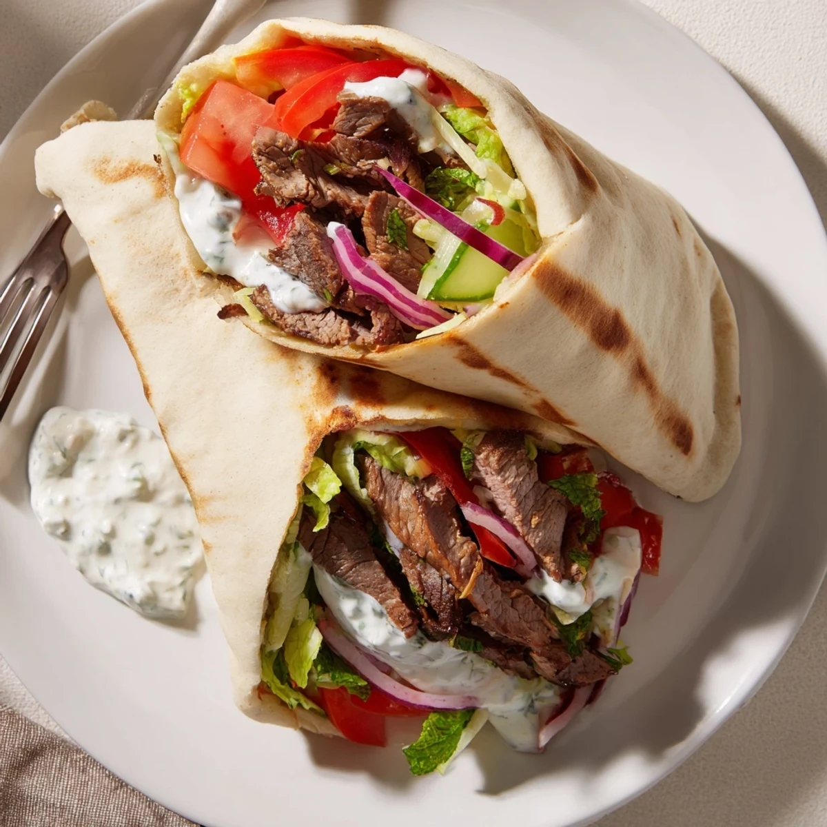 Delicious beef shawarma wraps served with vibrant veggies and creamy yogurt dip.