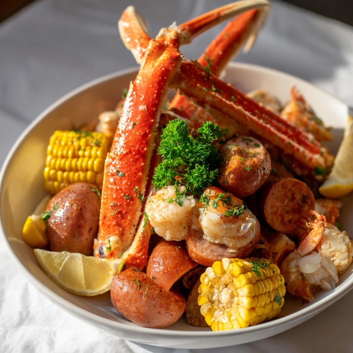 A vibrant seafood boil featuring crab, shrimp, sausage, and zesty spices.  