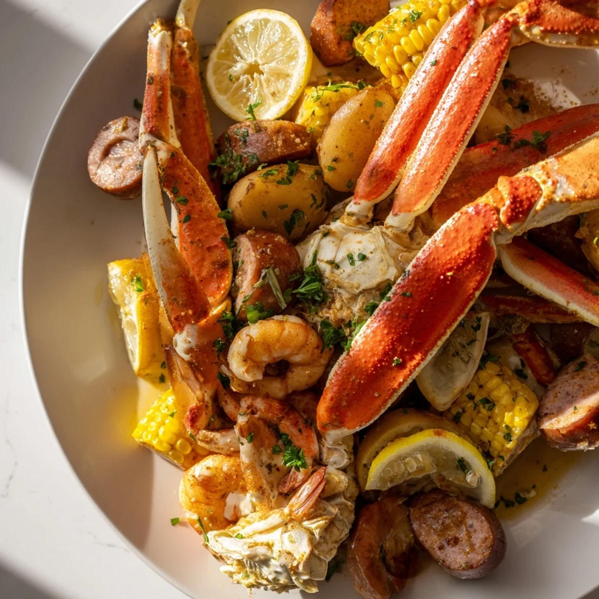 Colorful platter of crab legs and shrimp, served with buttery garlic sauce.  