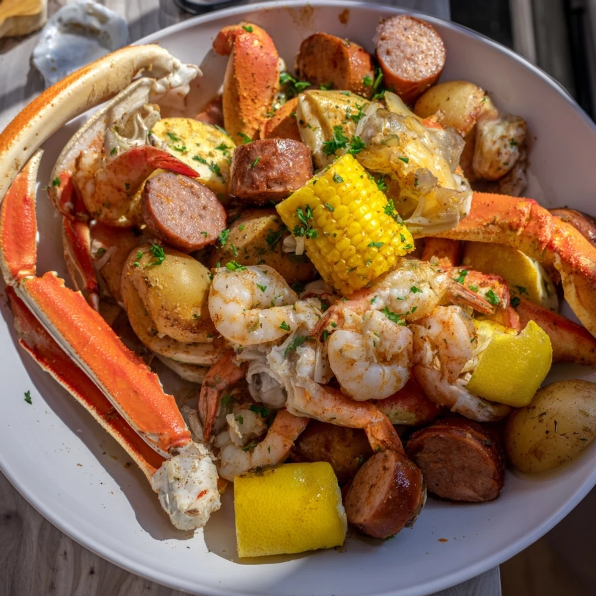 Festive seafood boil with juicy shrimp, crab, and corn for a Southern feast.