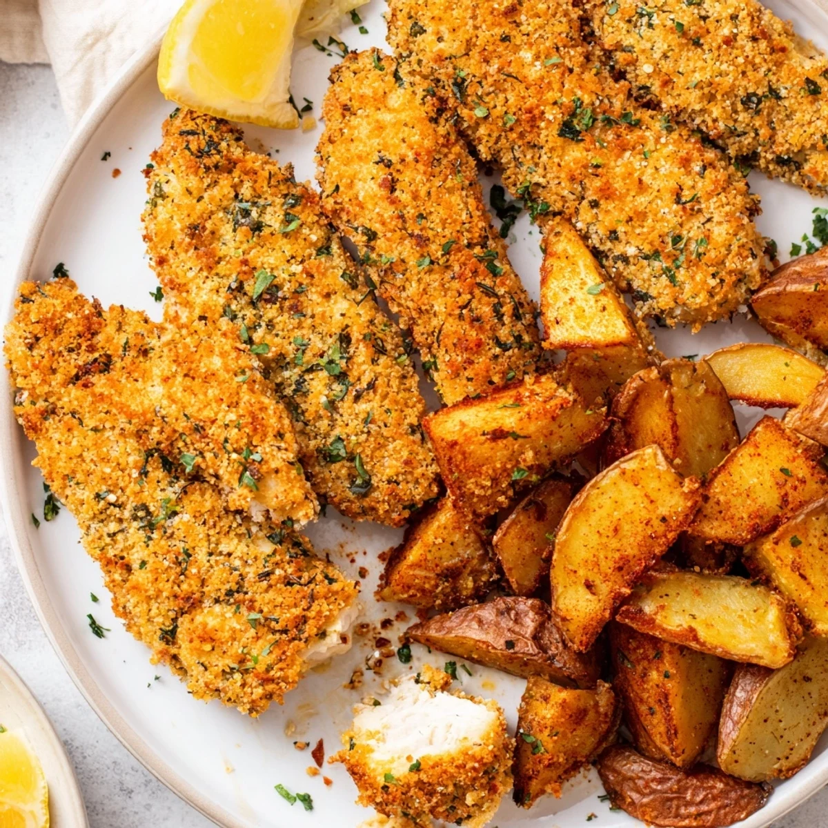 Flavorful herbed chicken tenders served alongside golden-brown potato wedges for a delightful meal.  