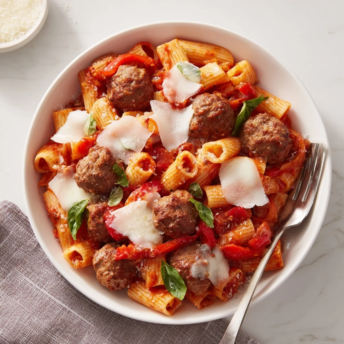 A comforting Italian Meatball Pasta Skillet loaded with meatballs, pasta, and fresh basil.  