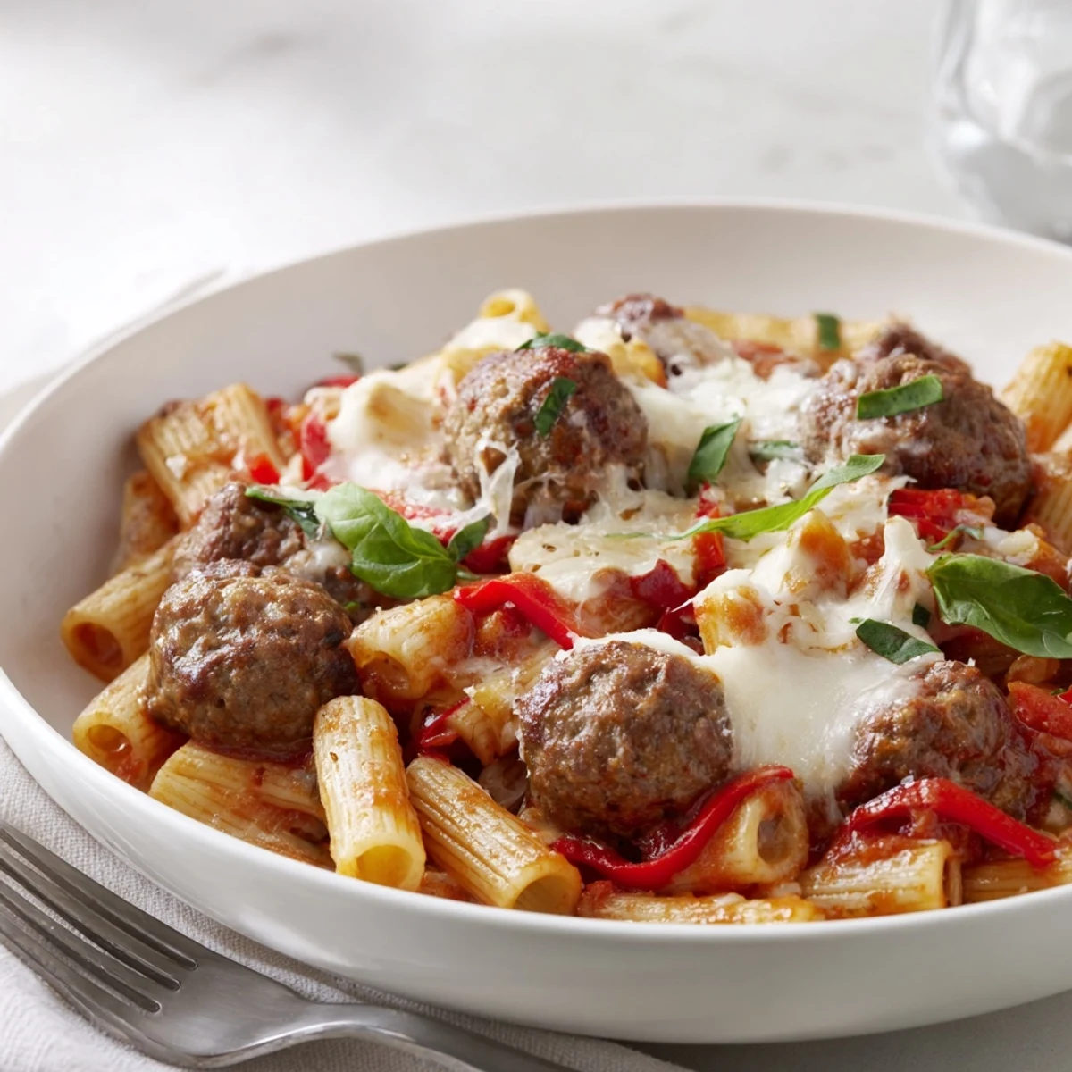 Delicious Italian Meatball Pasta Skillet, topped with gooey mozzarella and vibrant vegetables.