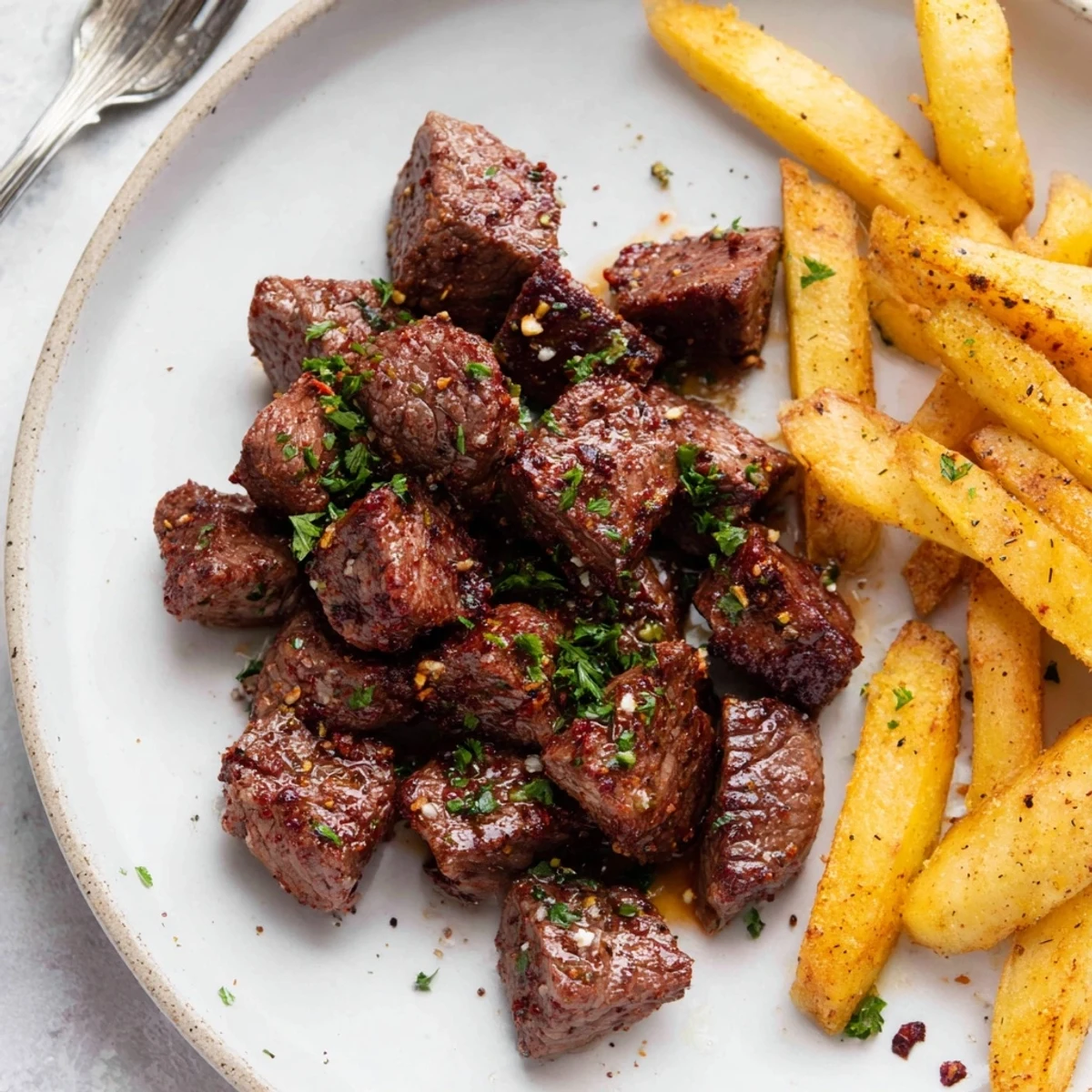 Juicy blackened Cajun steak bites served sizzling hot with crispy fries.  