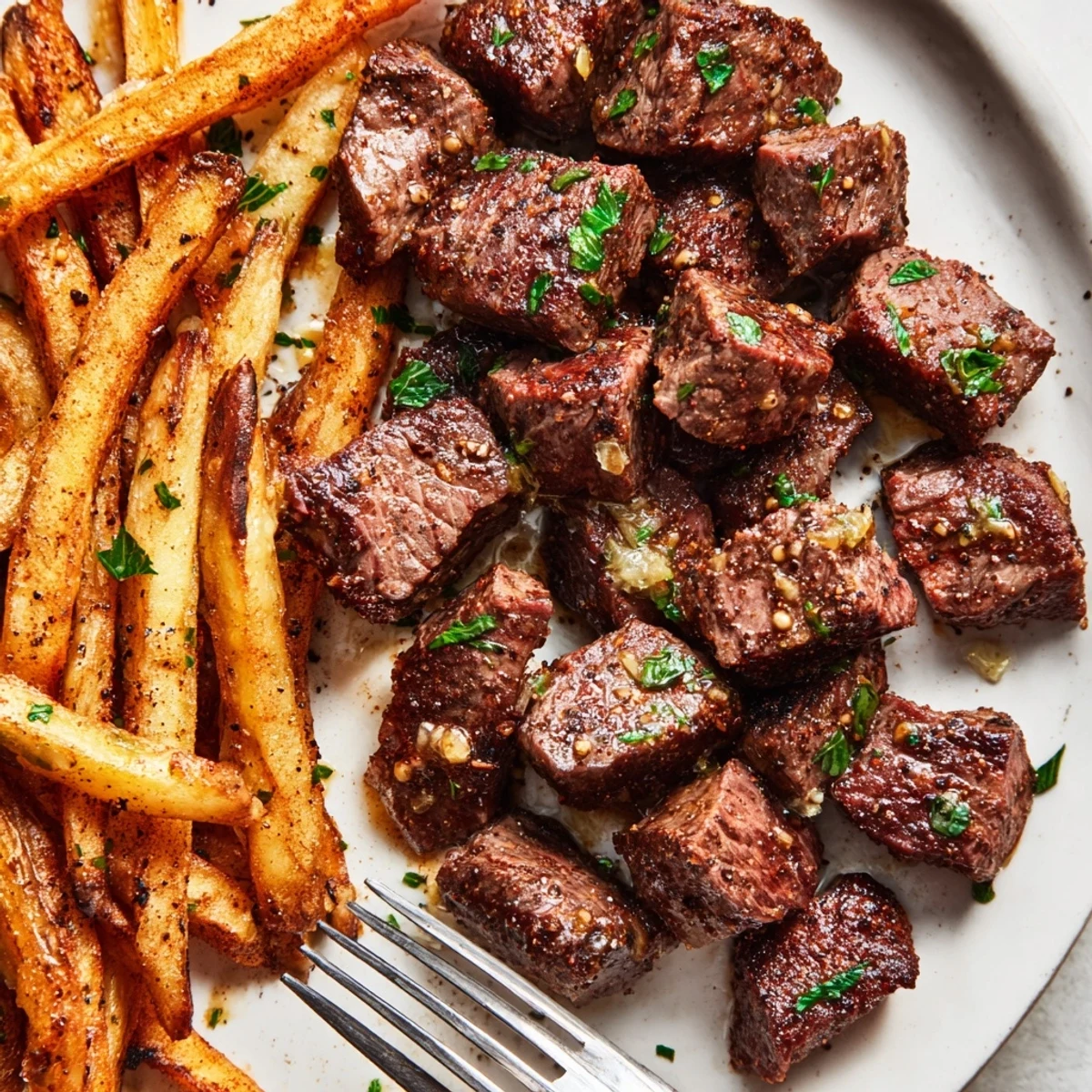 Spicy Cajun steak bites glistening with butter, perfectly paired with golden fries.  