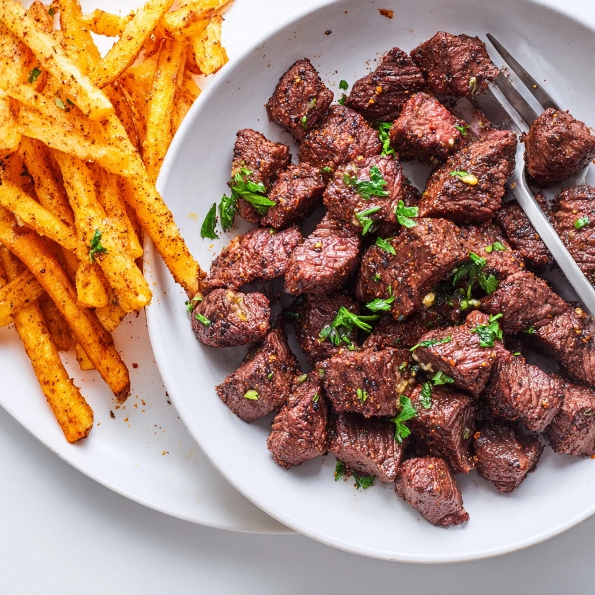 Tender blackened steak bites nestled beside crunchy fries, ready for dipping sauces.