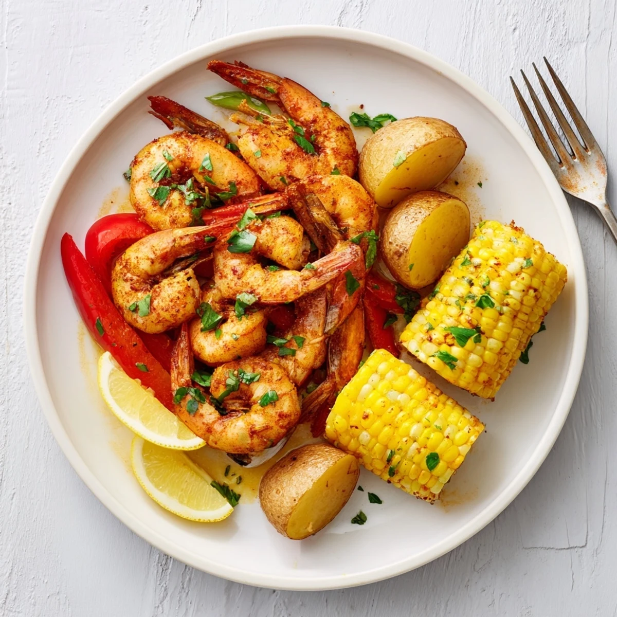 Spicy Cajun shrimp & sweet corn platter, garnished with fresh parsley and roasted vegetables.