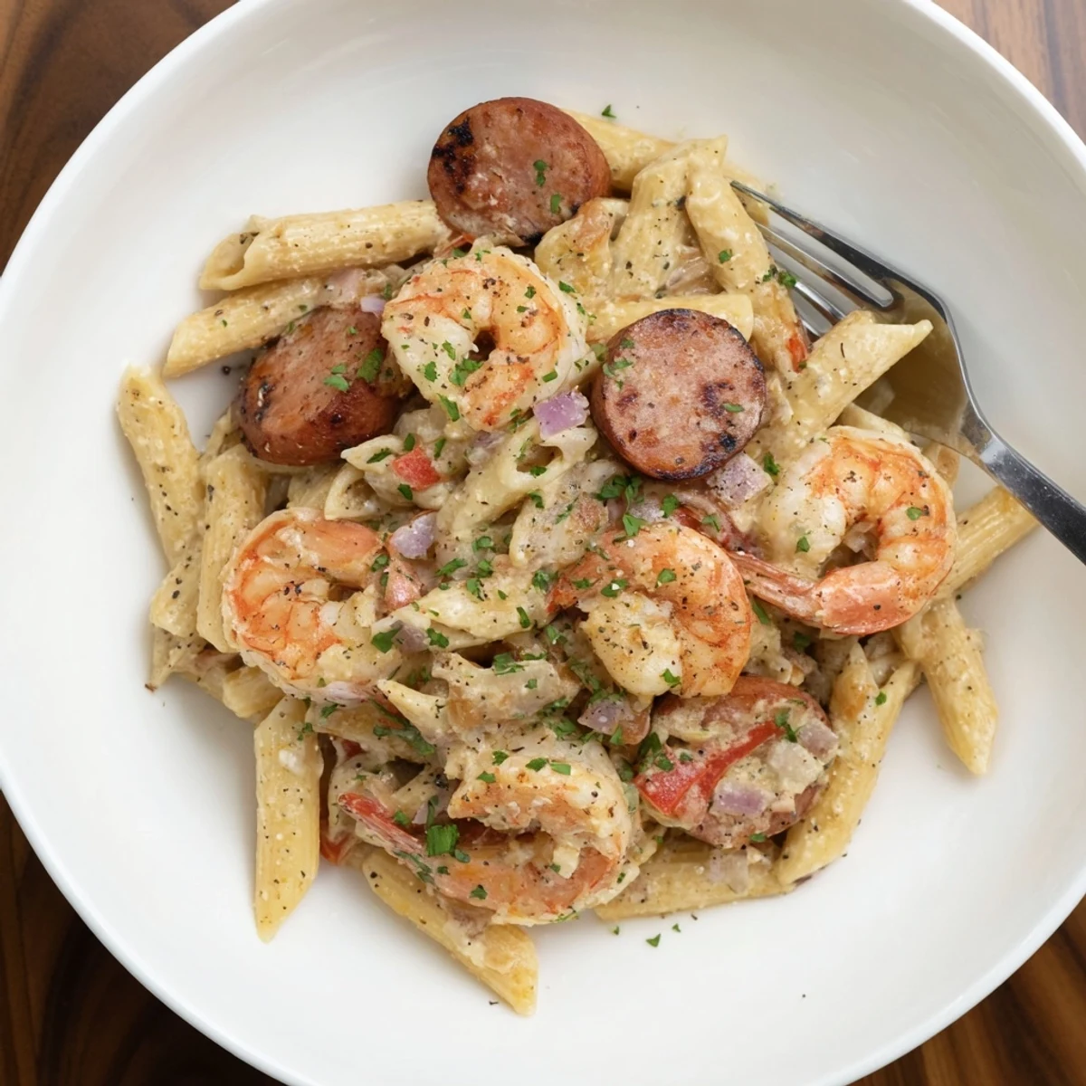 Creamy Cajun Sausage & Shrimp Alfredo Pasta Skillet garnished with fresh parsley and spices.  