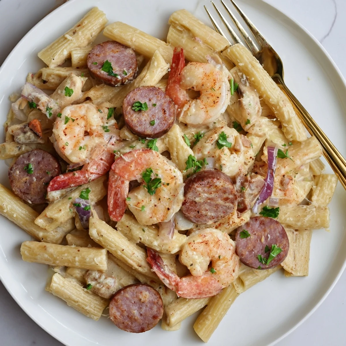 One-pan Cajun Sausage & Shrimp Alfredo Pasta Skillet, rich with creamy sauce and flavors.