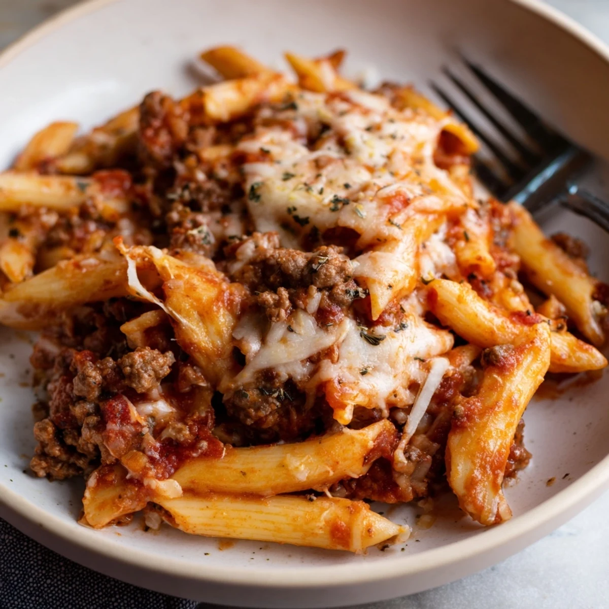 Delicious Cheesy Beef & Penne Bake garnished with fresh herbs, perfect for family gatherings.  