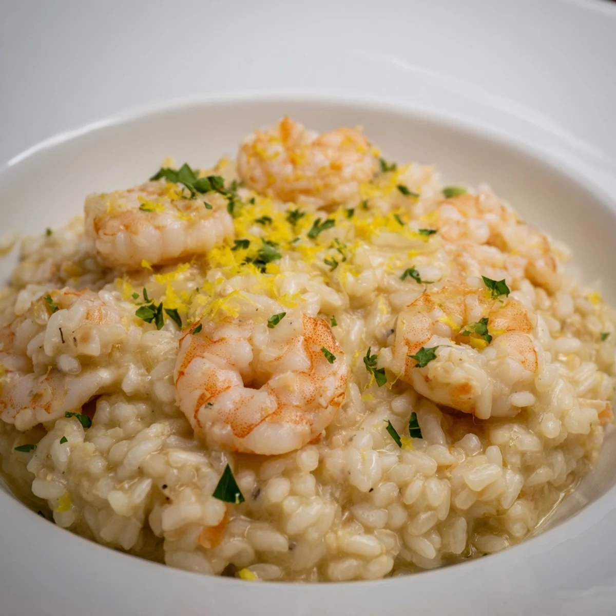 Creamy saffron and lemon risotto with shrimp, garnished with fresh parsley.  