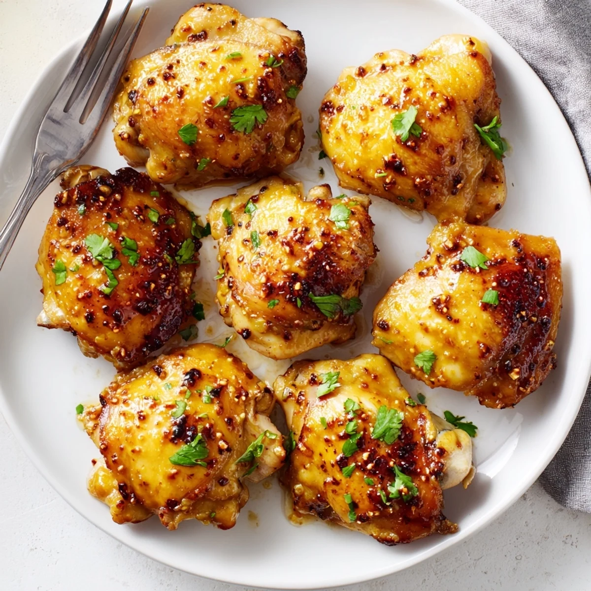 Savory chicken thighs with a sweet honey mustard glaze, ideal for family dinners.