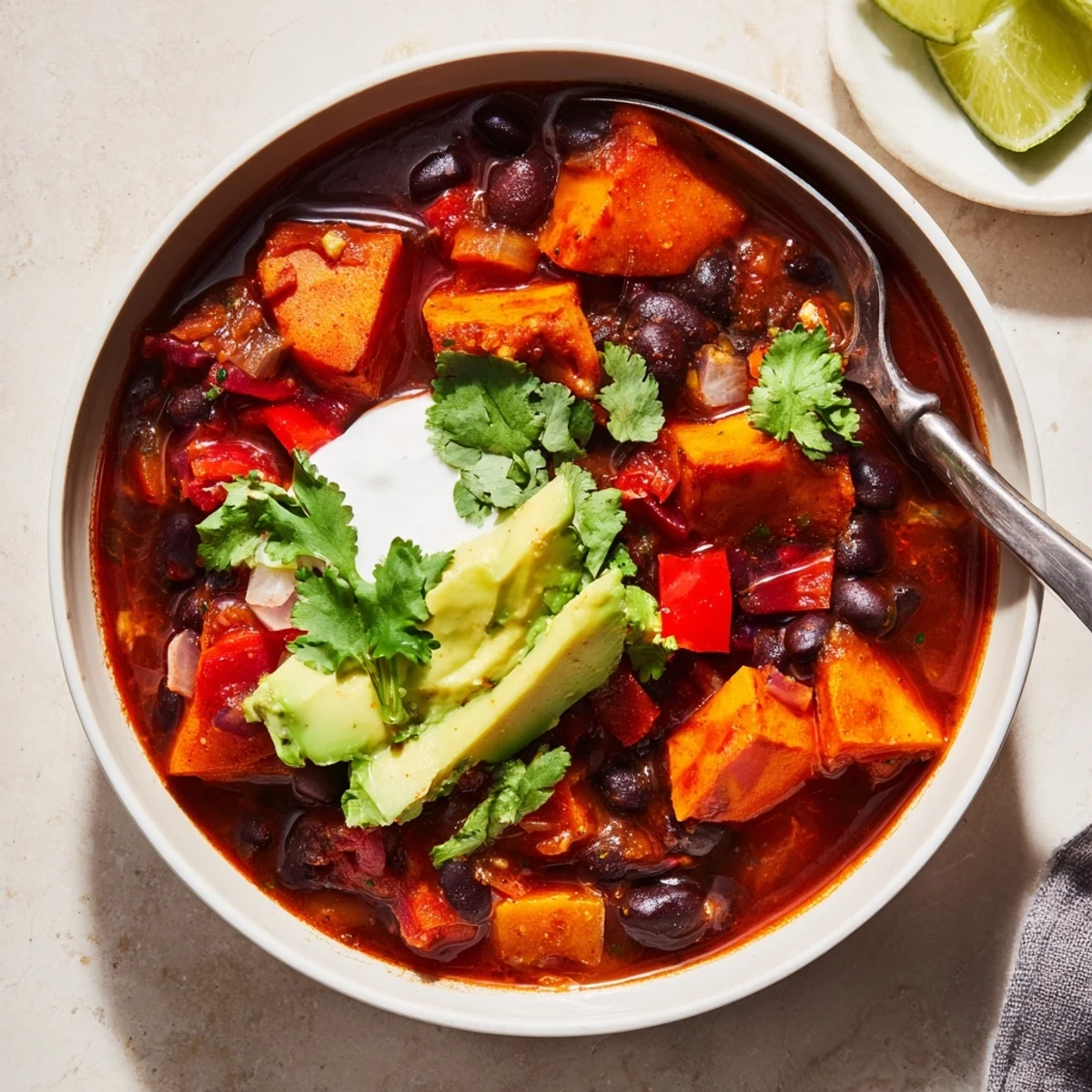Hearty Sweet Potatoes & Black Bean Chili served with fresh avocado and cilantro.  
