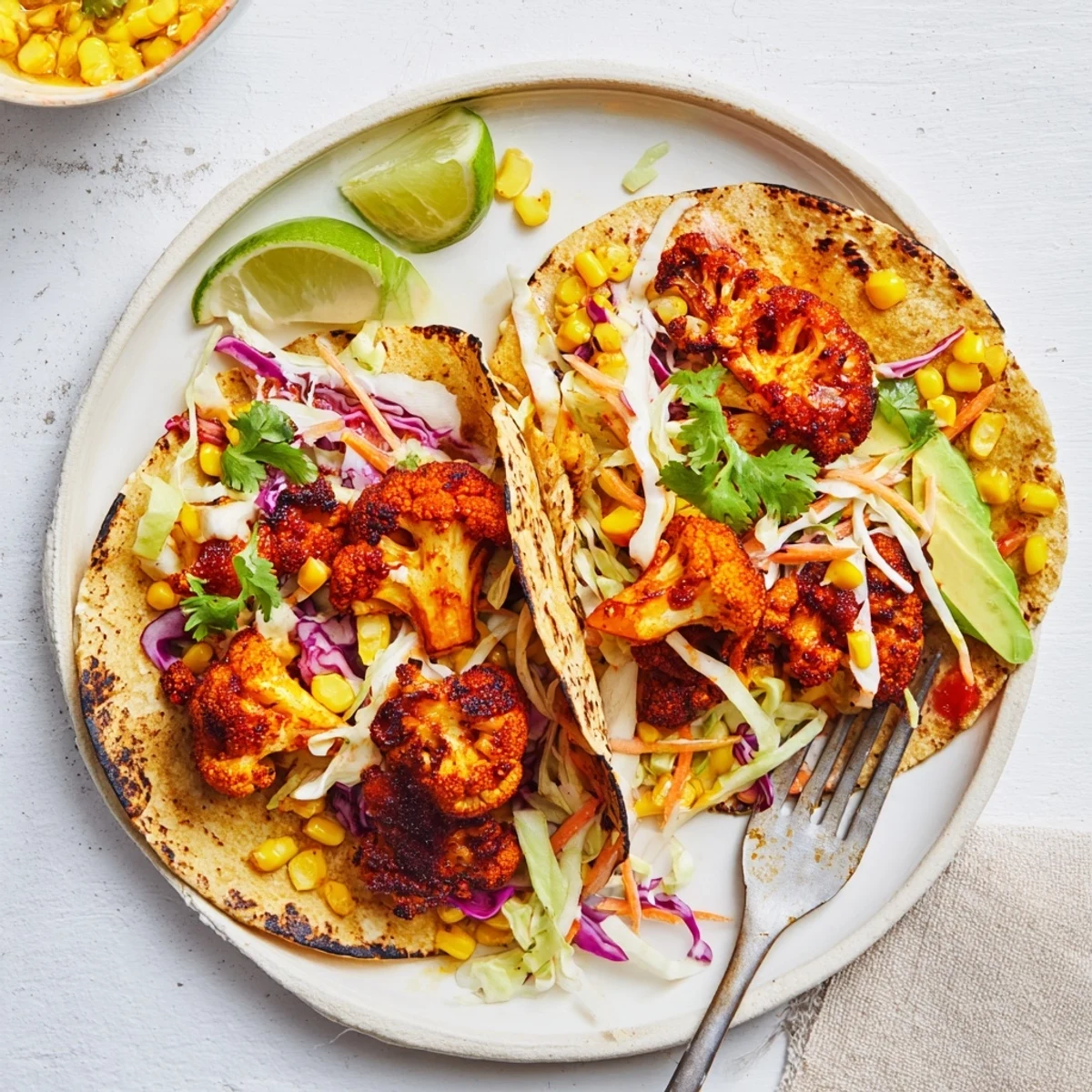 Colorful BBQ Cauliflower and sweet corn tacos garnished with fresh cilantro and lime.  