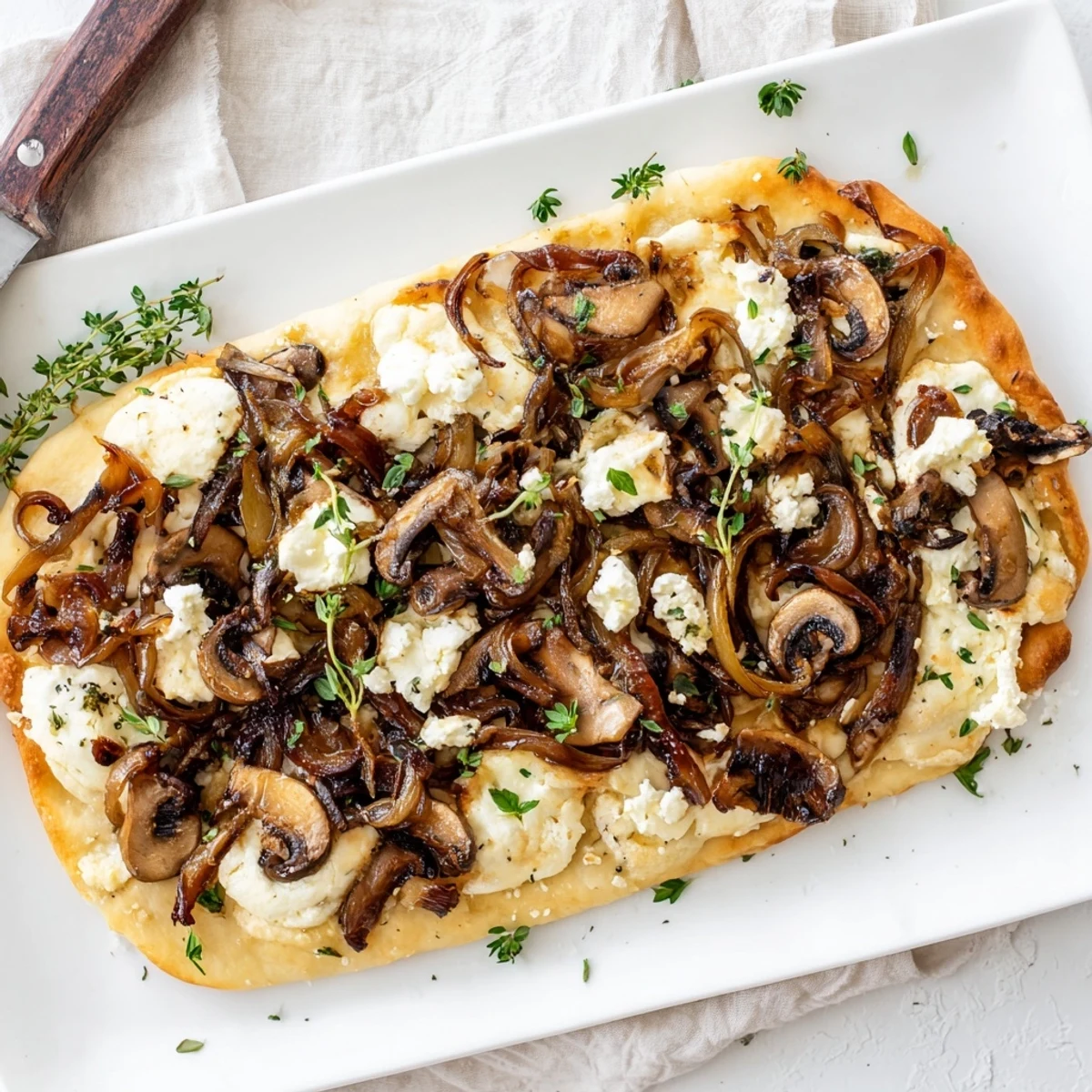 Savory caramelized onion & mushroom flatbread garnished with fresh herbs and melted cheese.  
