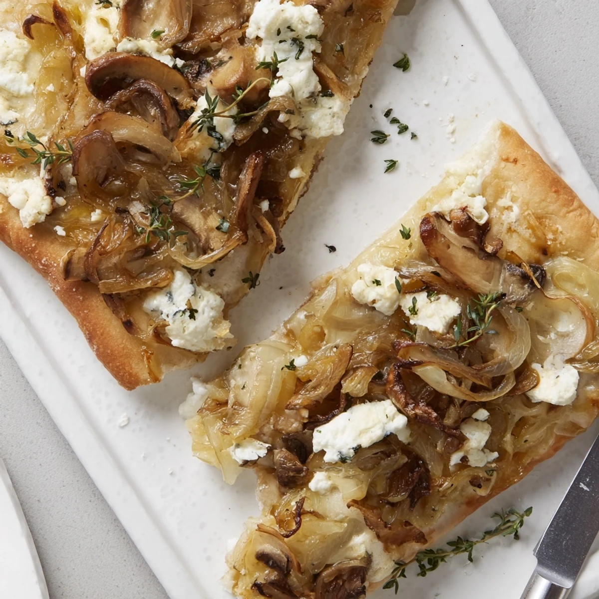 Deliciously crispy caramelized onion & mushroom flatbread, perfect for sharing at gatherings.  