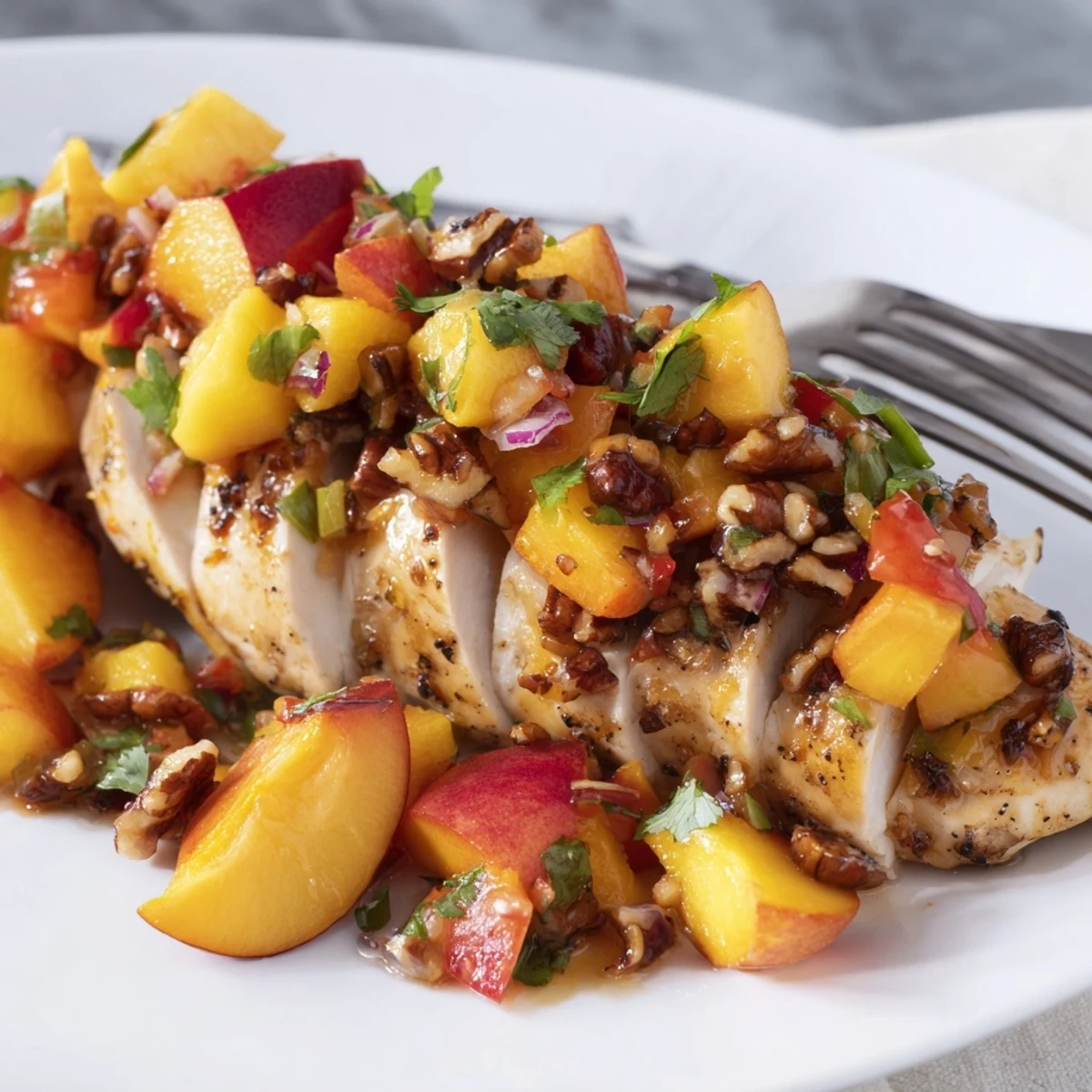 Juicy Spicy Peach & Pecan Salsa Chicken topped with vibrant salsa and pecans.