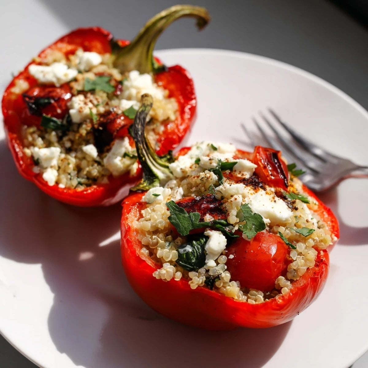 Healthy bell peppers filled with fluffy quinoa, herbs, and roasted garlic for dinner.