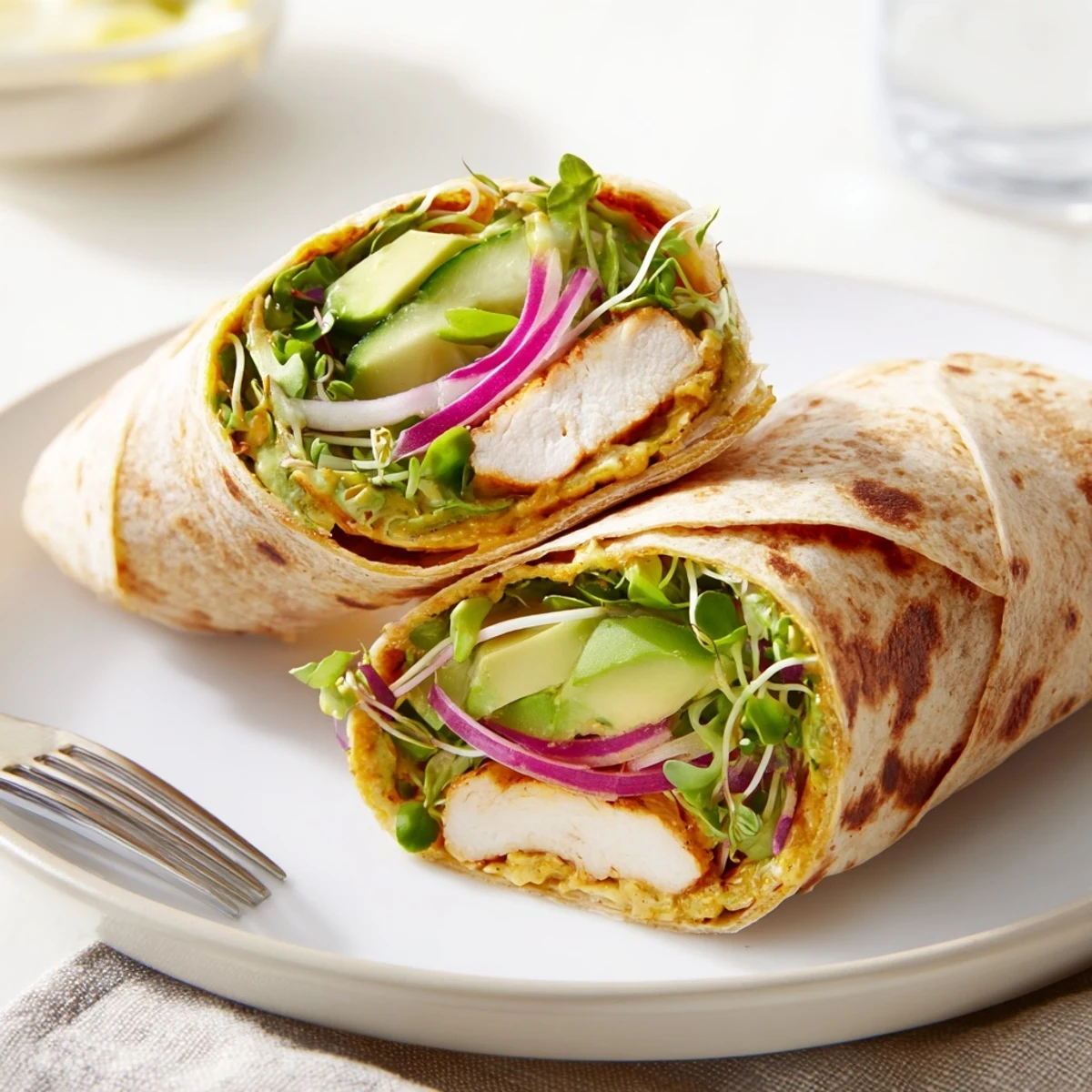 Tender microgreen & honey mustard chicken wraps bursting with flavor for lunch.  