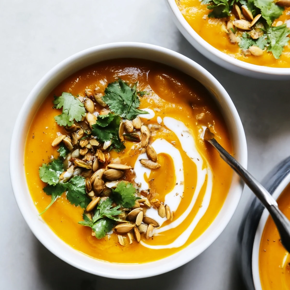 Creamy Maple Ginger Carrot Soup garnished with pumpkin seeds and fresh herbs.  