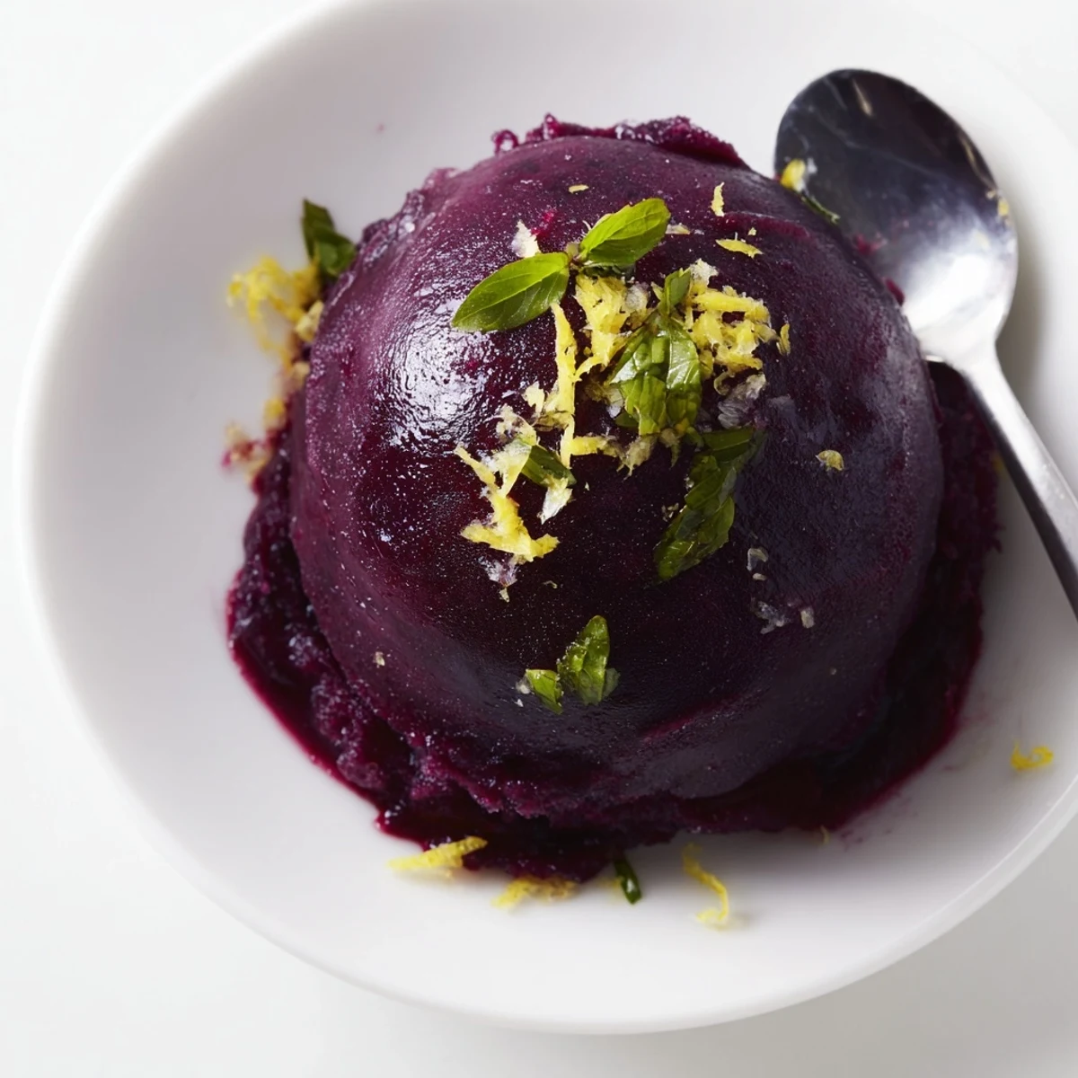 Refreshing blueberry & basil lemonade sorbet served in a chilled bowl.  