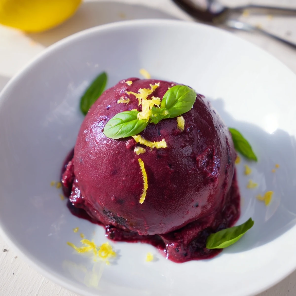 Delicious blueberry & basil lemonade sorbet garnished with fresh basil leaves, perfect for dessert.